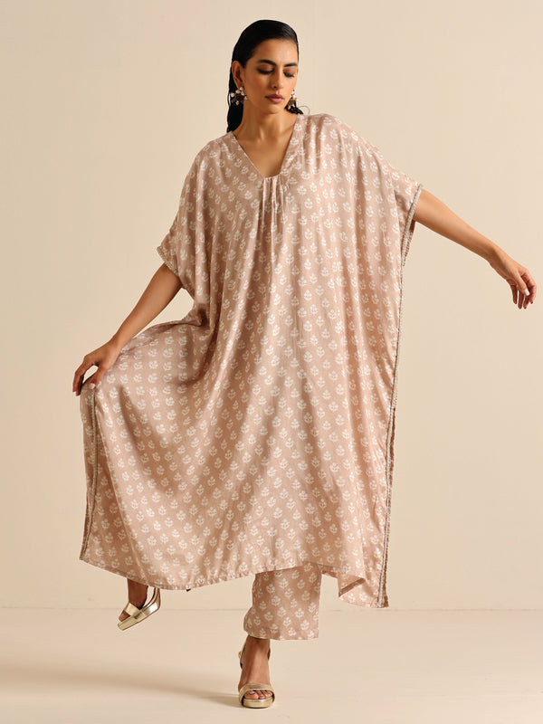 trueBrowns Beige White Floral Silk Print Kaftan Pant Set - Distacart