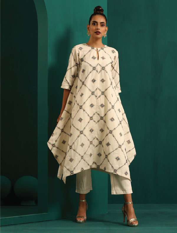 trueBrowns Ivory Rhombus Cotton Handkerchief Kurta Pant Set - Distacart