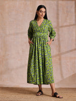 Thumbnail for trueBrowns Lime Green Overall Blue Floral Block Print Cotton Wrap Dress - Distacart