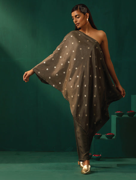 trueBrowns Grey Diamond Viscose Silk One-Shoulder Kurta Pant Set - Distacart