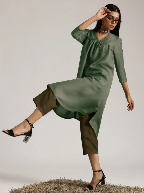 trueBrowns Cotton Linen Light Green Gathered Kurta Pant Set - Distacart