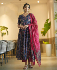 Thumbnail for Indian Fashion Women's Viscose Blue Anarkali Kurta And Pant Set With Dupatta
