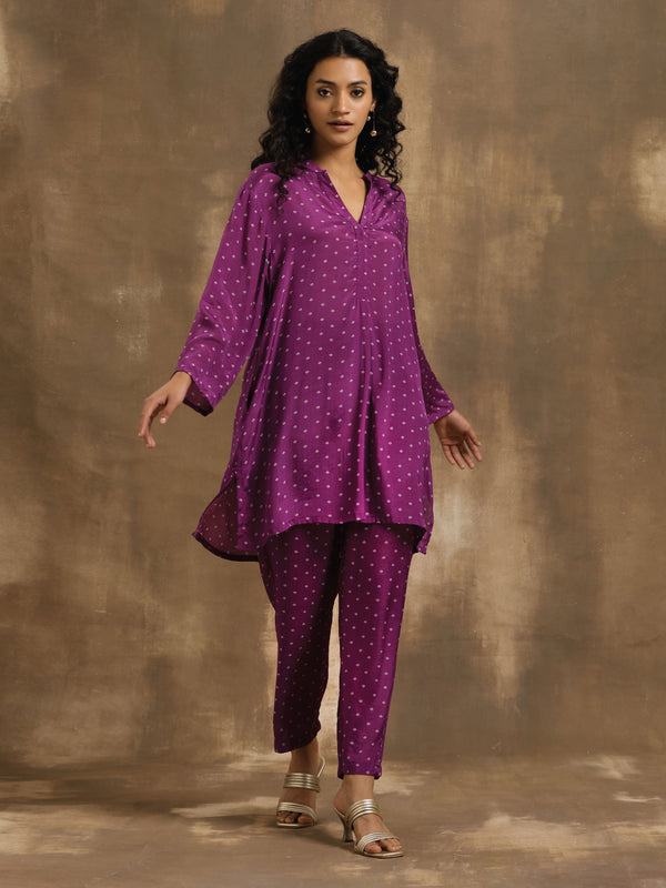 trueBrowns Purple Bandhani Printed Silk Co-Ord Set - Distacart