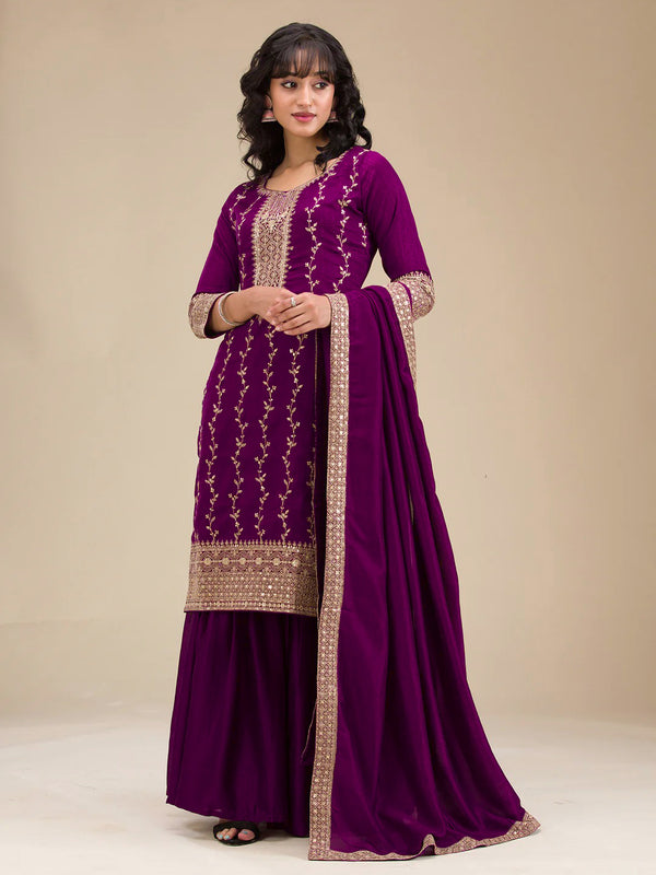 The52 Beautiful Embroidered Vichitra Silk Fabric Straight Kurta, Palazzo and Dupatta Set