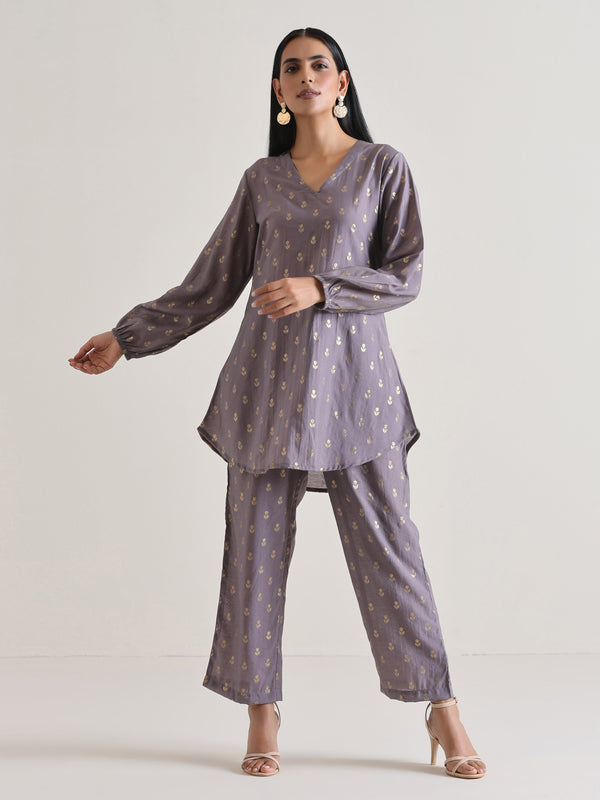 trueBrowns Plum Grey Foil Short Co-Ord Set - Distacart