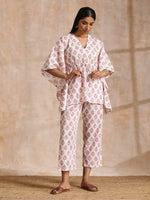 Thumbnail for trueBrowns Pink Buta On White Block Print Cotton Kaftan Co-Ord Set - Distacart