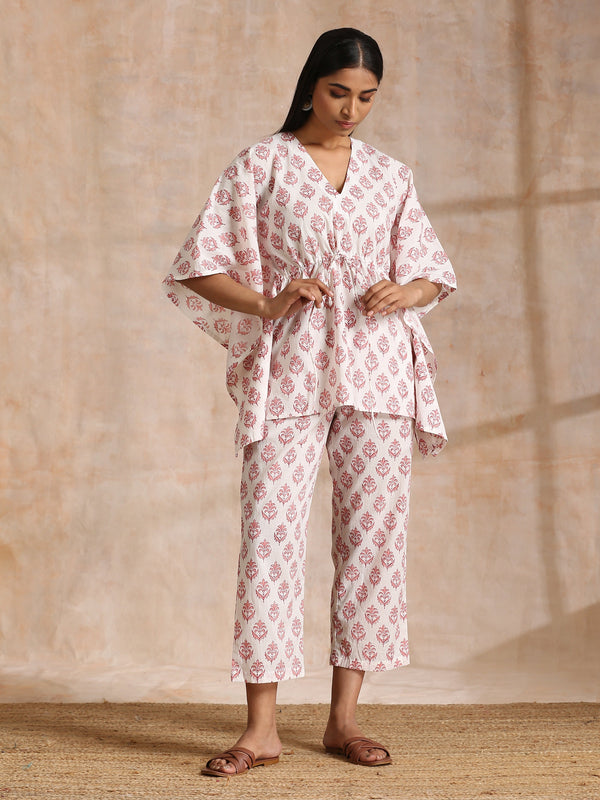 trueBrowns Pink Buta On White Block Print Cotton Kaftan Co-Ord Set - Distacart