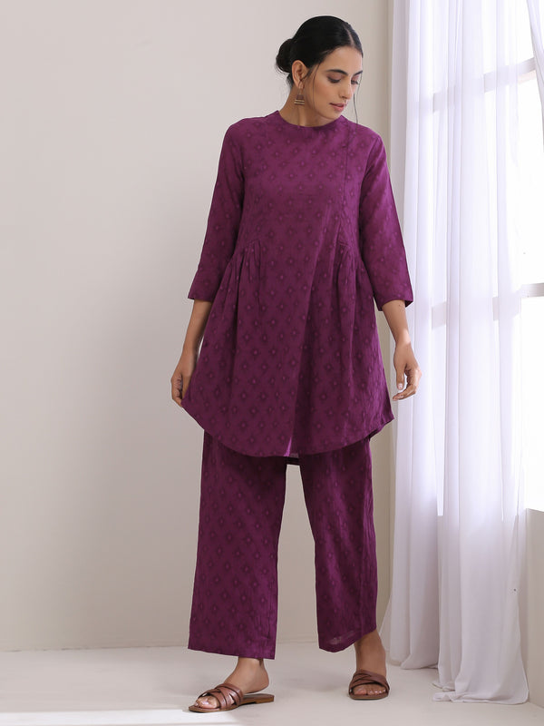 trueBrowns Plum Purple Dobby Gathers Co-Ord Set - Distacart