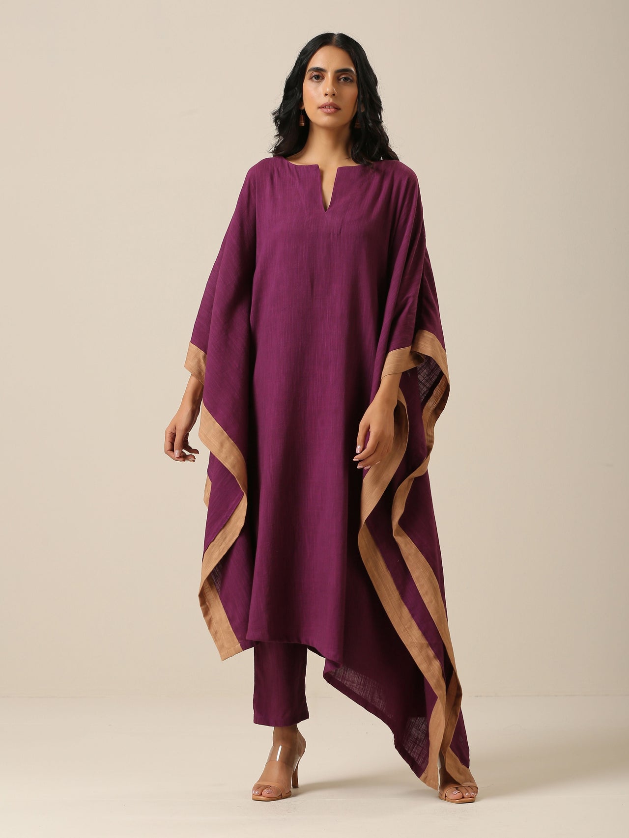 trueBrowns Plum Purple Slub Texture High Low Kaftan Pant Set - Distacart
