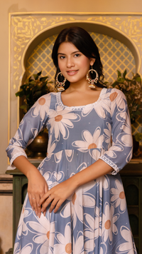 Thumbnail for Pomcha Jaipur Gaurangi White Phool Powder Blue Anarkali Set