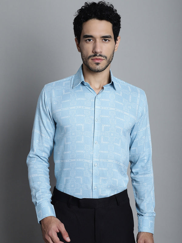 Jainish Men's Geomatric Printed Formal Shirts - Sky Blue - Distacart