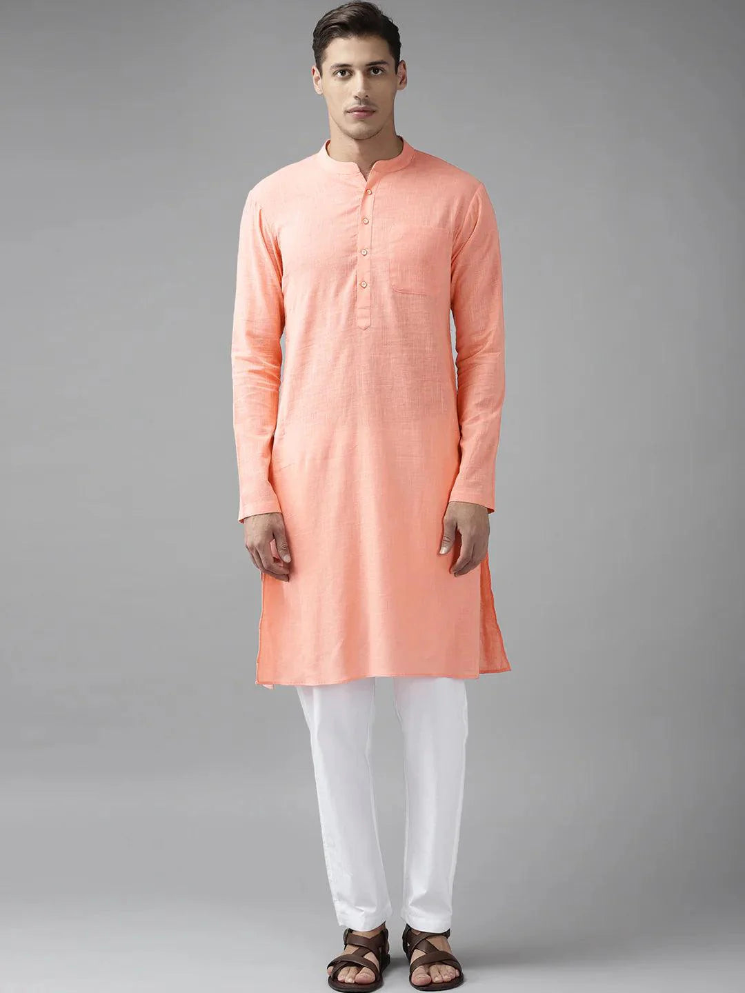 Fabmade Men Peach Cotton Linen Kurta Pyjama - Distacart