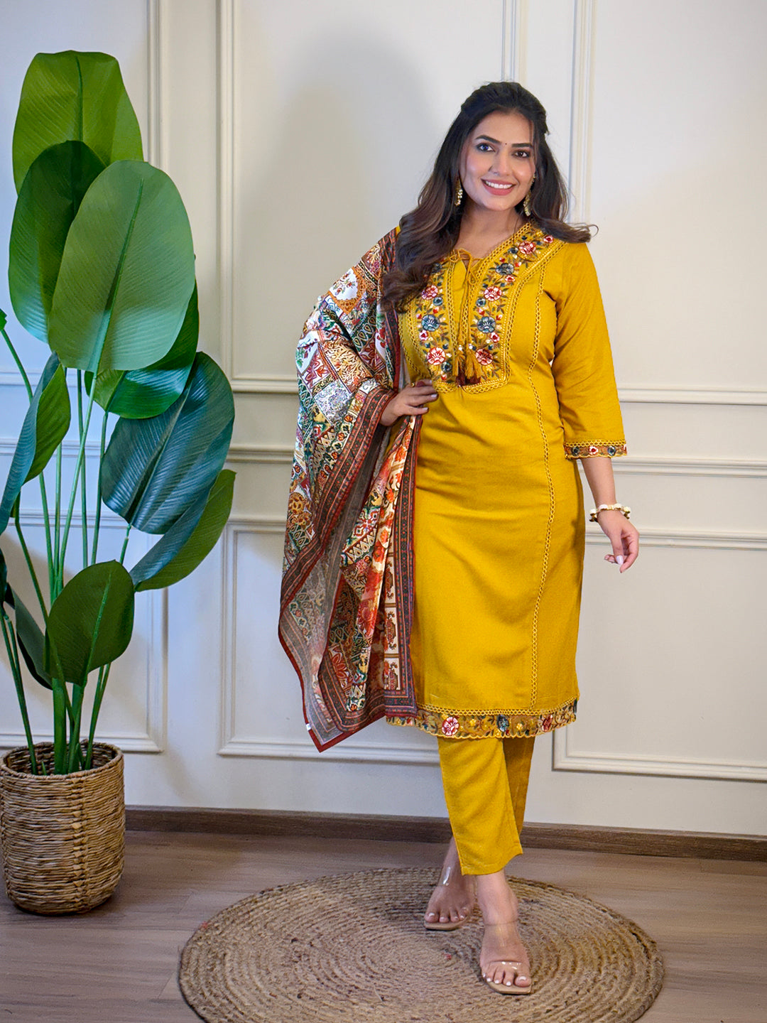 The52 Women's Gorgeous Viscose Embroidery Straight Kurta with Pant And Dupatta Set