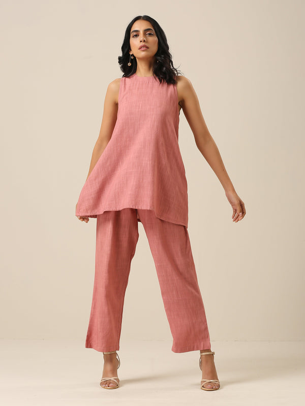 trueBrowns Light Mauve Slub Textured Sleeveless Short Co-Ord Set - Distacart