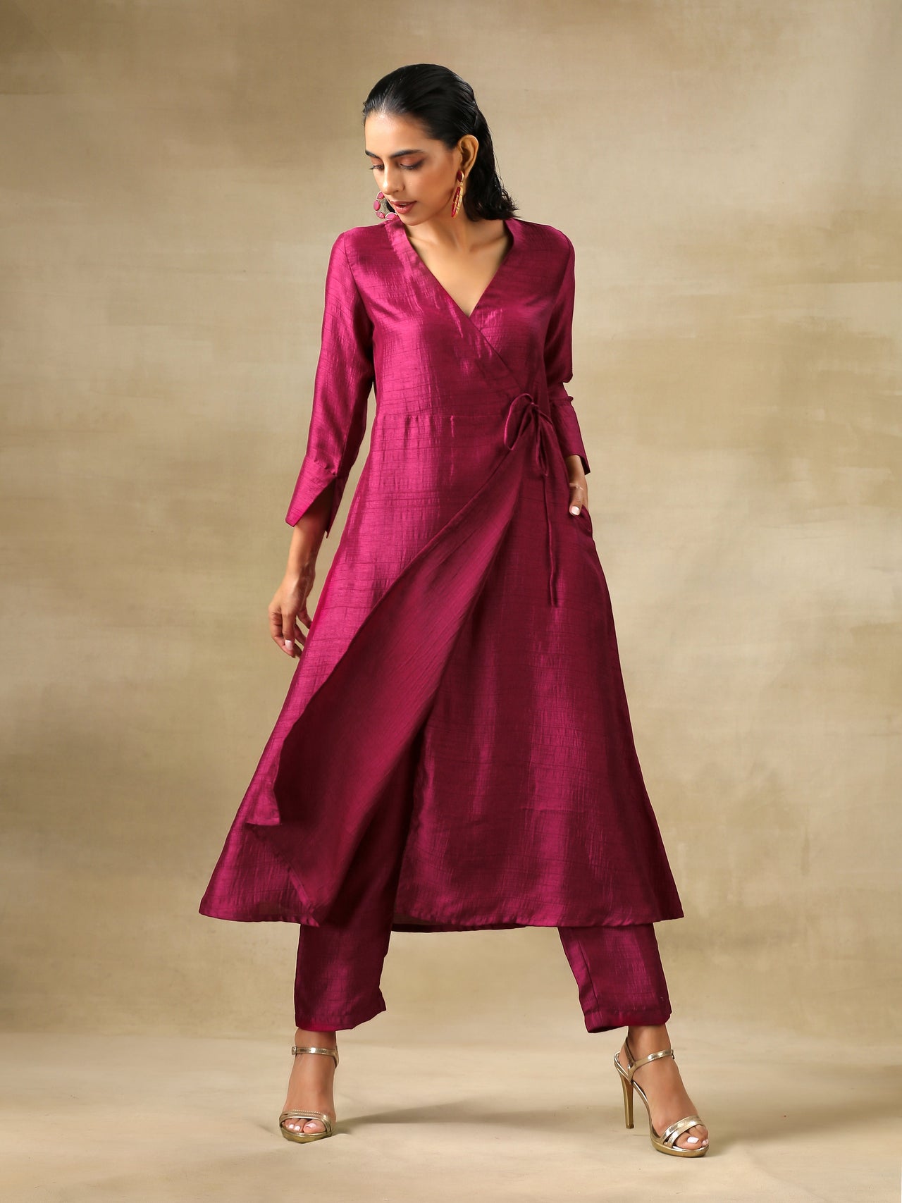 trueBrowns Purple Textured Silk Angrakha Kurta Pant Set - Distacart