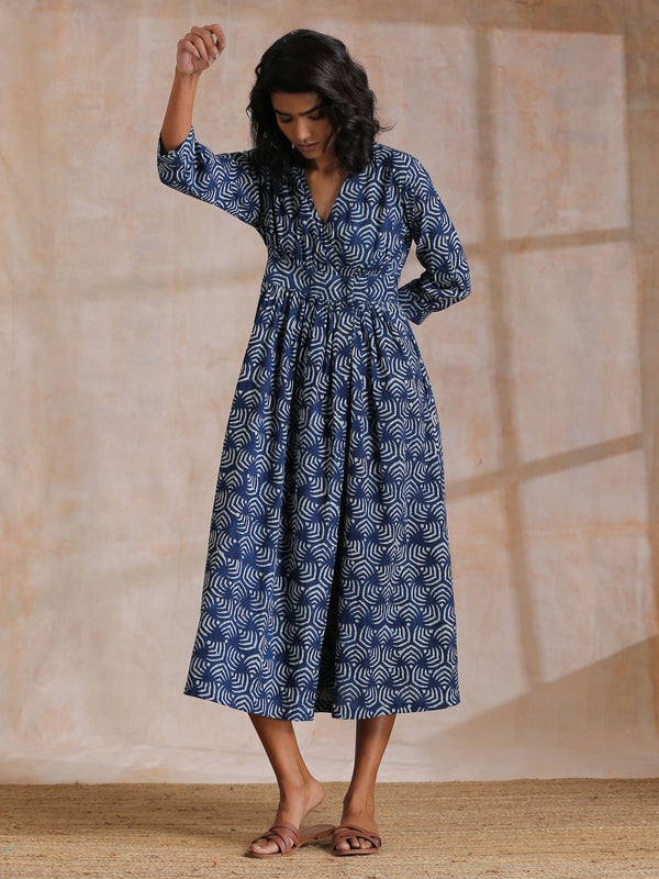 trueBrowns Indigo Dabu Overall Print Cotton Wrap Dress - Distacart
