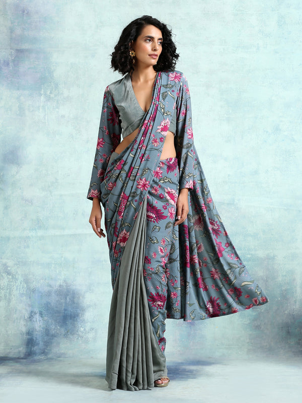 trueBrowns Grey Printed Velvet Ready to Wear Saree - Distacart