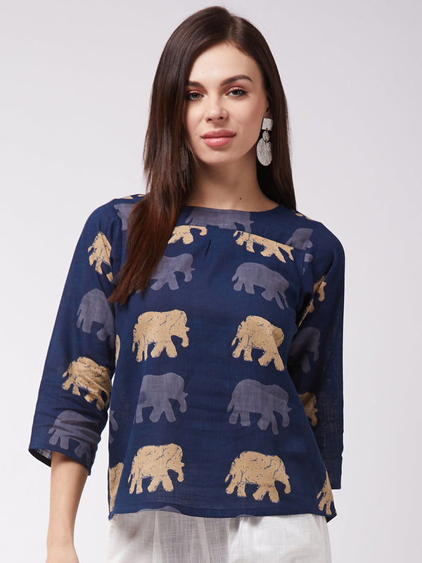 InWeave Elephant Print Blue Top - Distacart