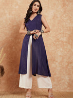 Thumbnail for InWeave Royal Blue Lurex V-Neck W/S Front Slit Kurta Pant Set - Distacart