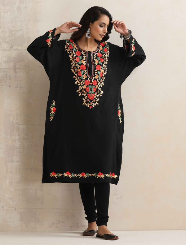 trueBrowns Black Kashmiri Embroidered Woollen Phiran Kurta - Distacart