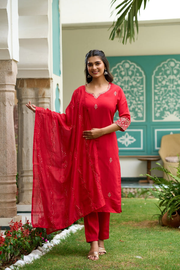 The52 Gajari Red Embroidered Chanderi Fabric Straight Kurta, Pant and Dupatta Set