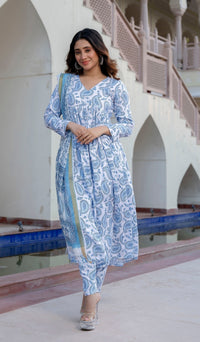Thumbnail for NOZ2TOZ Women Sky Blue Printed Viscose Rayon Kurta, Pant And Dupatta Set