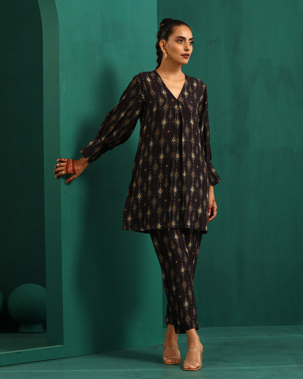 trueBrowns Black Tonal Ikat Muslin Silk Printed V-Neck Front Pleat Co-ord Set - Distacart