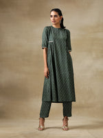 Thumbnail for trueBrowns Dark Green Bandhani Printed Silk Side Gathered Kurta Pant Set - Distacart