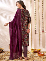Thumbnail for Anouk Floral Embroidered Zari Chanderi Silk Straight Kurta With Trousers & Dupatta - Distacart