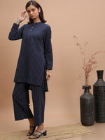 Thumbnail for Vishudh Striped Band Collar Pure Cotton Straight Kurta With Palazzos - Distacart
