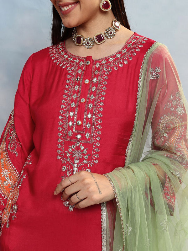 Vishudh Women Floral Embroidered Regular Mirror Work Kurta with Trousers & With Dupatta - Distacart