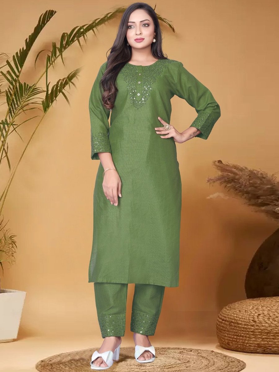 Anouk Green Ethnic Motifs Yoke Design Sequined Straight Kurta with Trouser & Dupatta - Distacart
