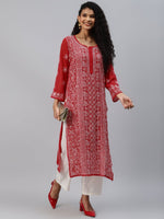 Thumbnail for ADA Women Red & White Hand Embroidered Chikankari Sustainable Handloom Kurta With Matching Slip - Distacart