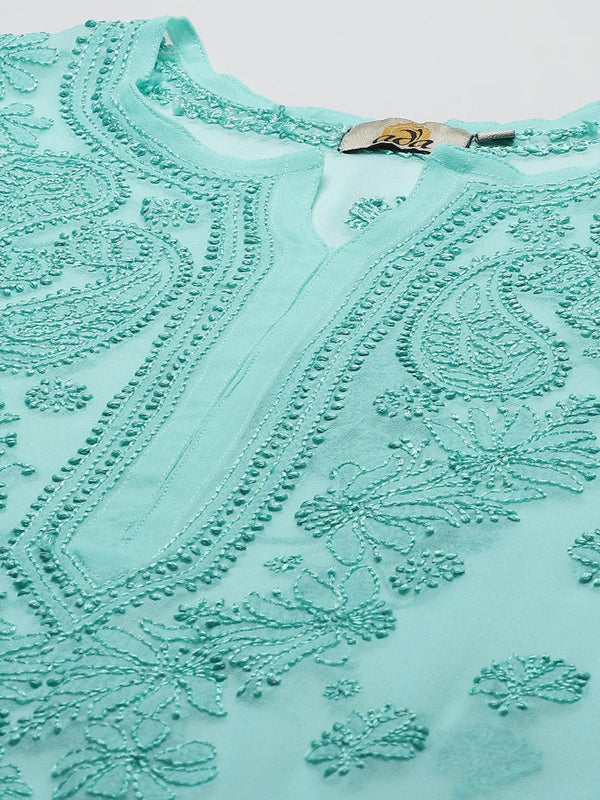 ADA Women Sea Green Embroidered Regular Chikankari Handloom Kurta with Trousers - Distacart