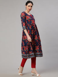 Thumbnail for Aks Floral Printed Tie-Up Neck Pleated Cotton A-Line Kurta - Distacart