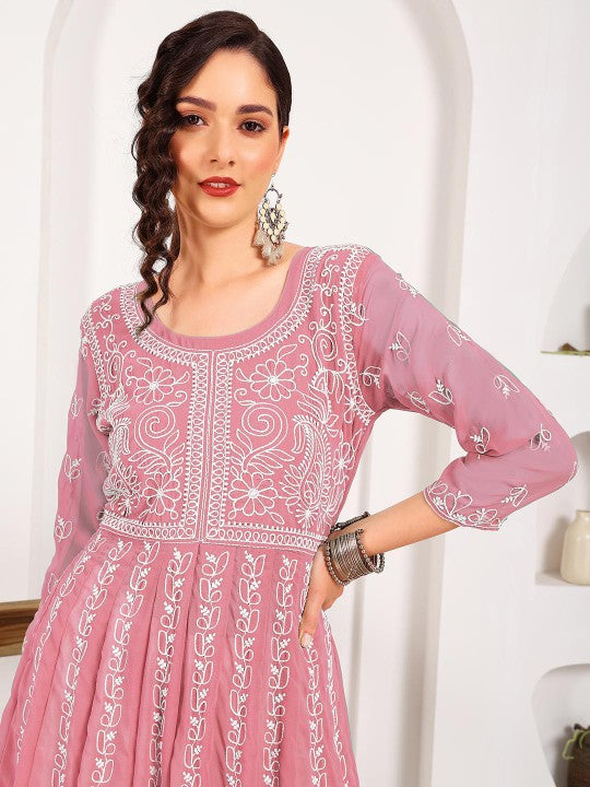 HERE&NOW Women Chikankari Embroidered Thread Work Georgette Anarkali Kurta - Distacart