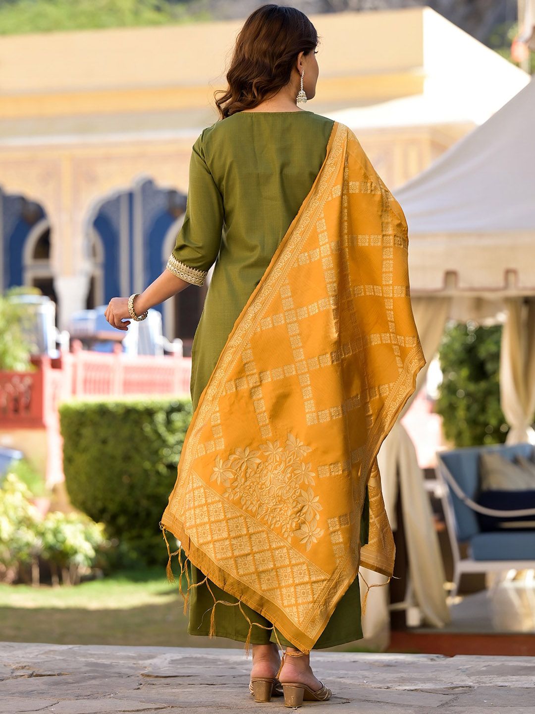 Vishudh Green & Gold Toned Round Neck Embellished Straight Kurta & Palazzos With Dupatta - Distacart
