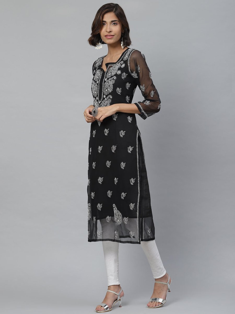 ADA Women Black & White Paisley Chikankari Embroidered Straight Handloom Kurta - Distacart