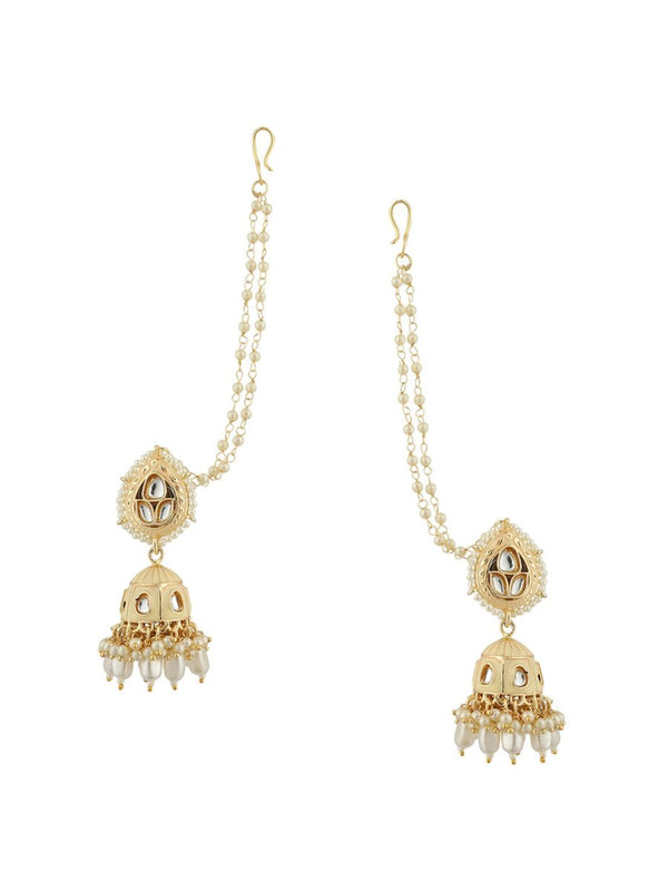 Anikas Creation Cream-Coloured & Gold Toned Kundan & Pearl Jadau Dome Shaped Jhumkas - Distacart