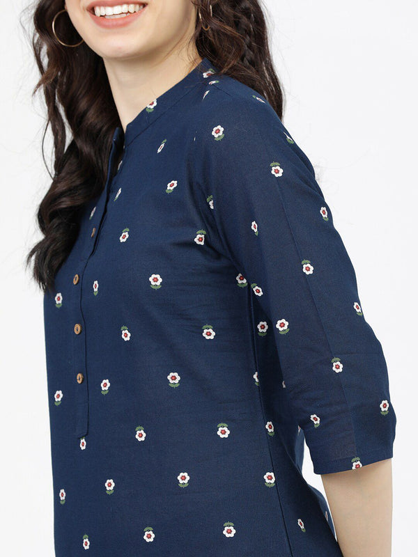 Vishudh Women Navy Blue Floral Printed Pure Cotton Kurta with Palazzos - Distacart