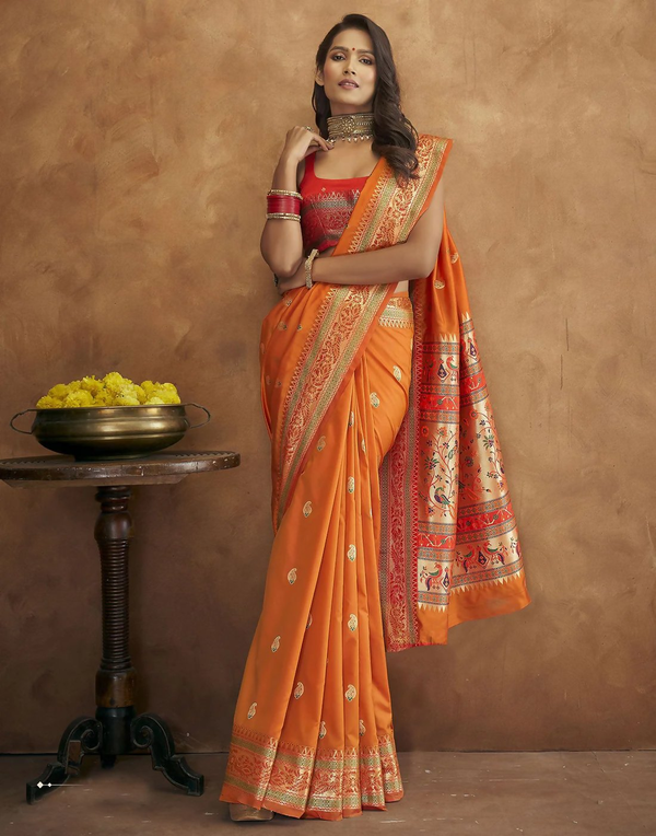 Vastranavya Orange Soft Paithani Silk Saree With Gold Zari Weaving Motifs With Matching Blouse Fabric - Distacart