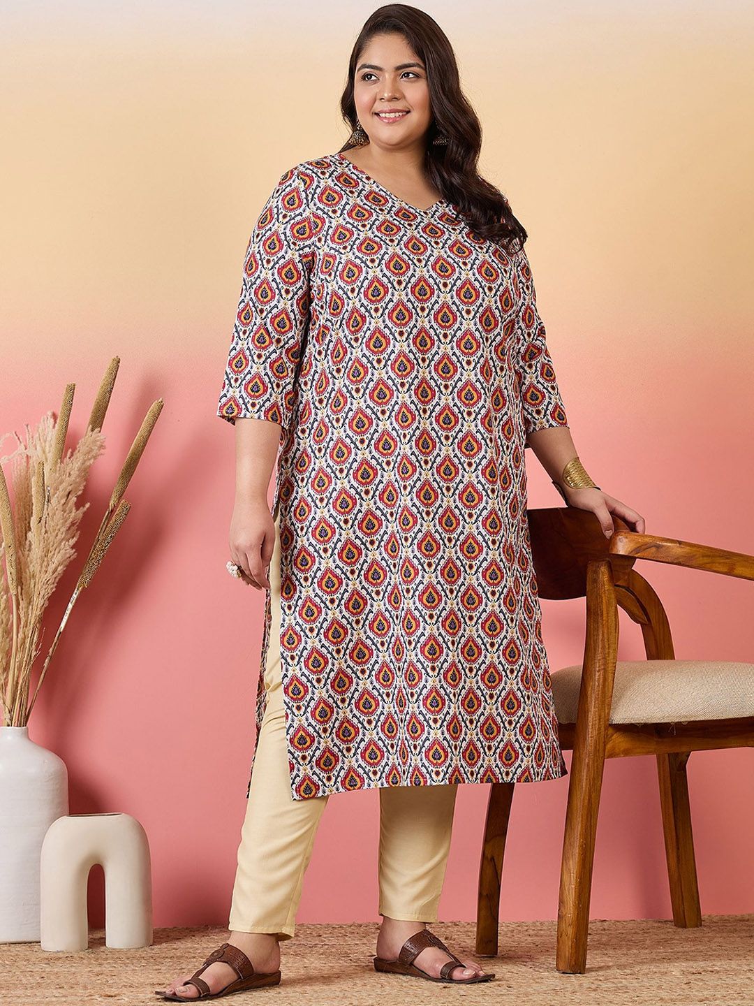 Sztori Plus Size Ethnic Motifs Printed V-Neck Crepe Straight Kurta - Distacart