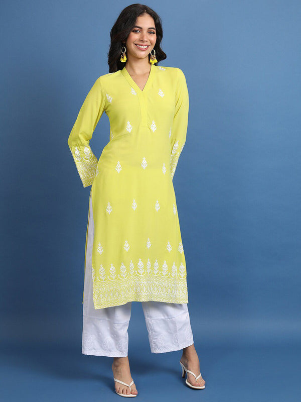 Vishudh Ethnic Motifs Embroidered V-Neck Straight Kurta - Distacart