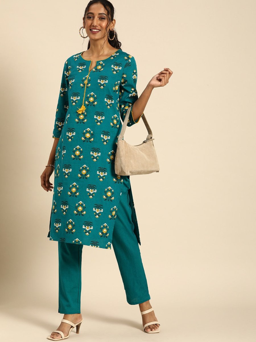 All About You Women Teal Blue Floral Printed Regular Pure Cotton Kurta with Trousers - Distacart