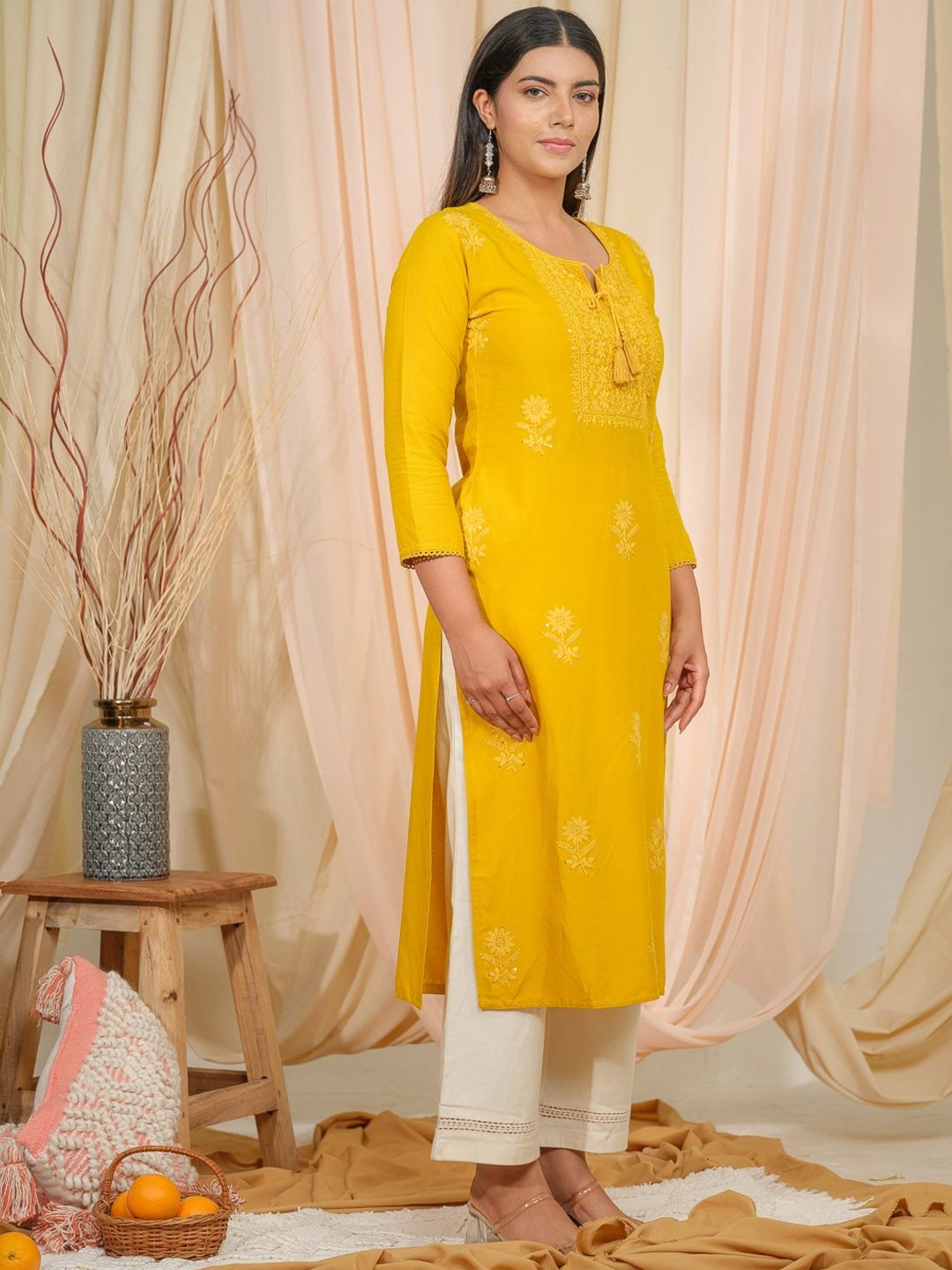 Ode by House of Pataudi Floral Embroidered Tie-Up Neck Straight Kurta - Distacart