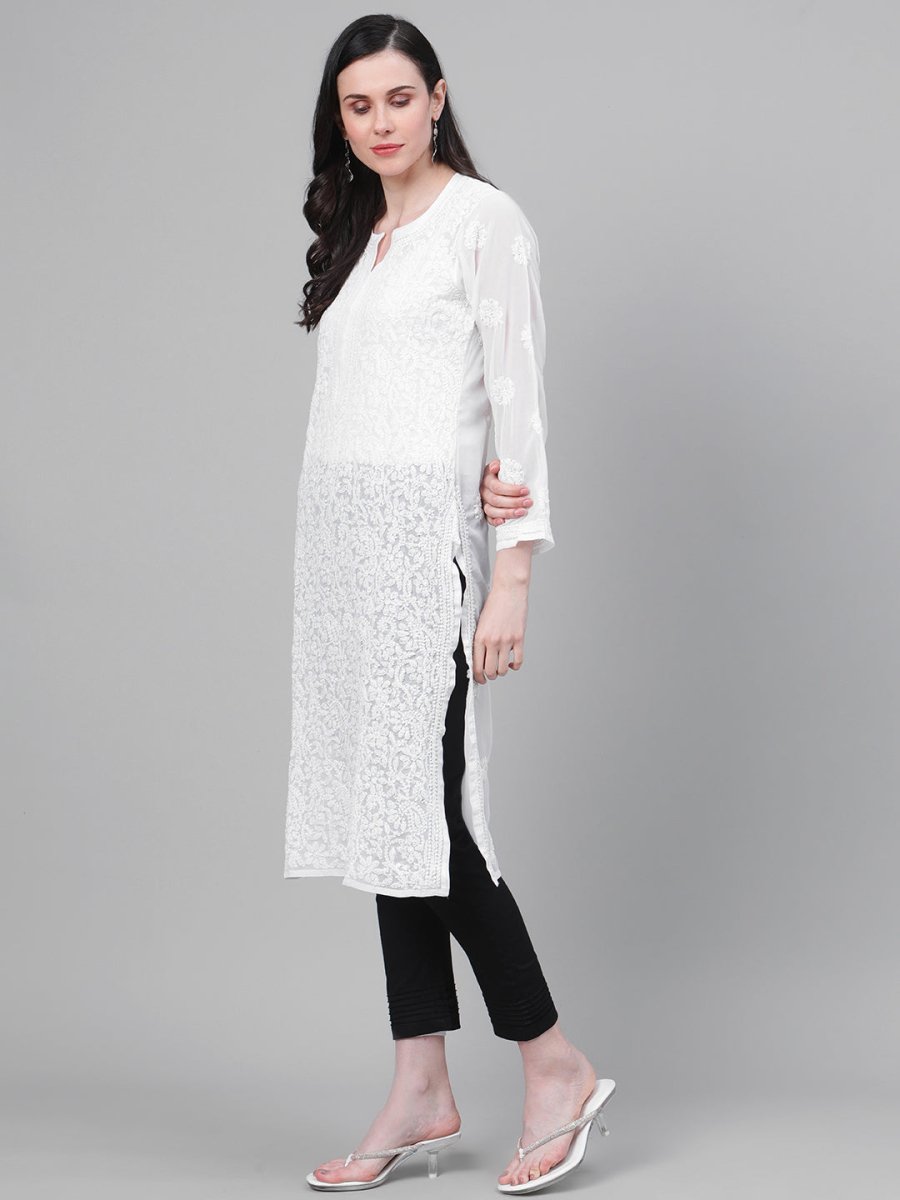 ADA Women White & Black Chikankari Embroidered Sustainable Handloom Kurta with Trousers - Distacart