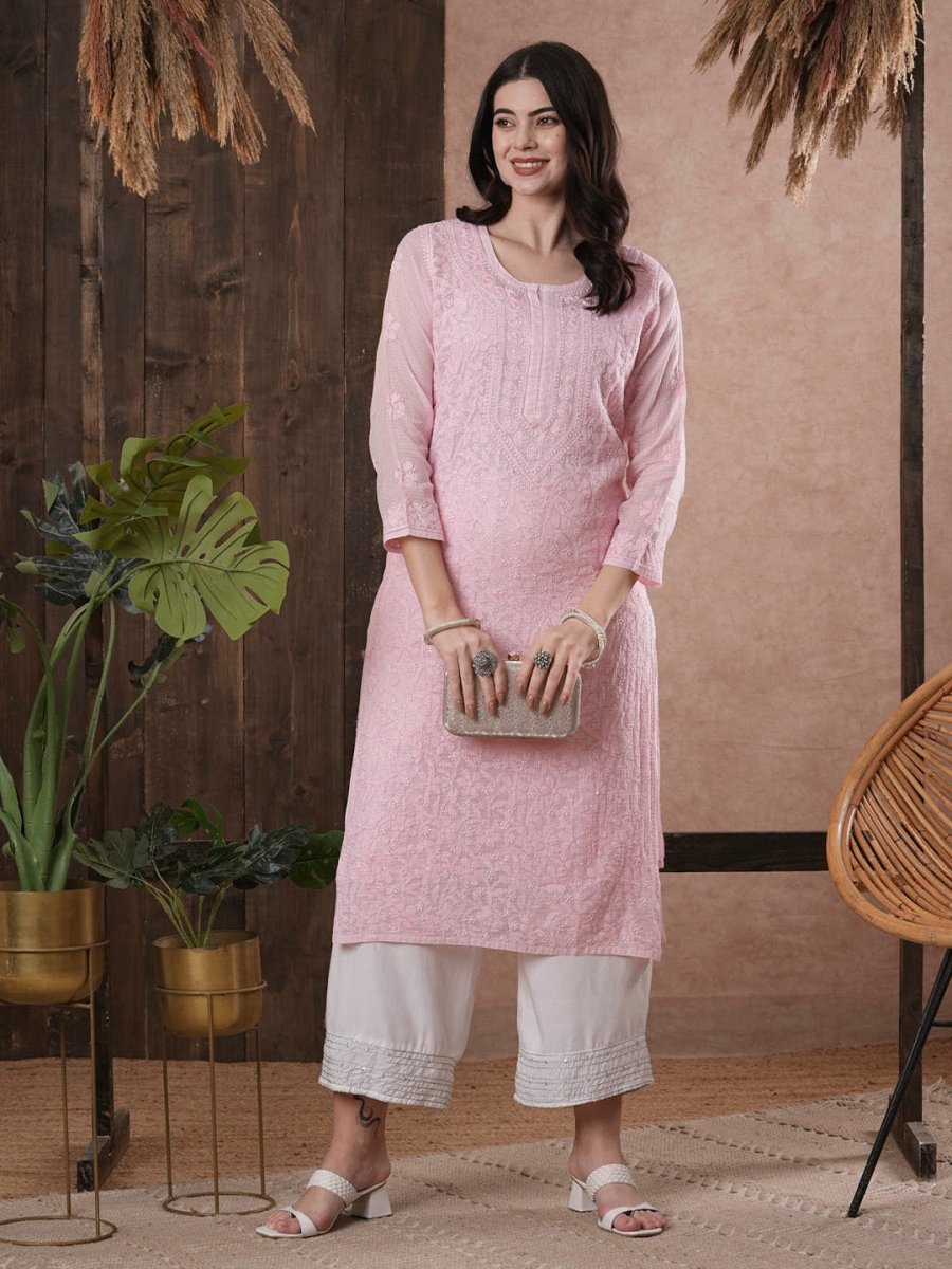ADA Women Pink Chikankari Hand Embroidered Straight Kota Handloom Kurta With Matching Slip - Distacart