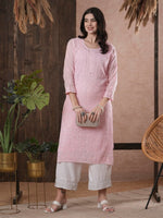 Thumbnail for ADA Women Pink Chikankari Hand Embroidered Straight Kota Handloom Kurta With Matching Slip - Distacart