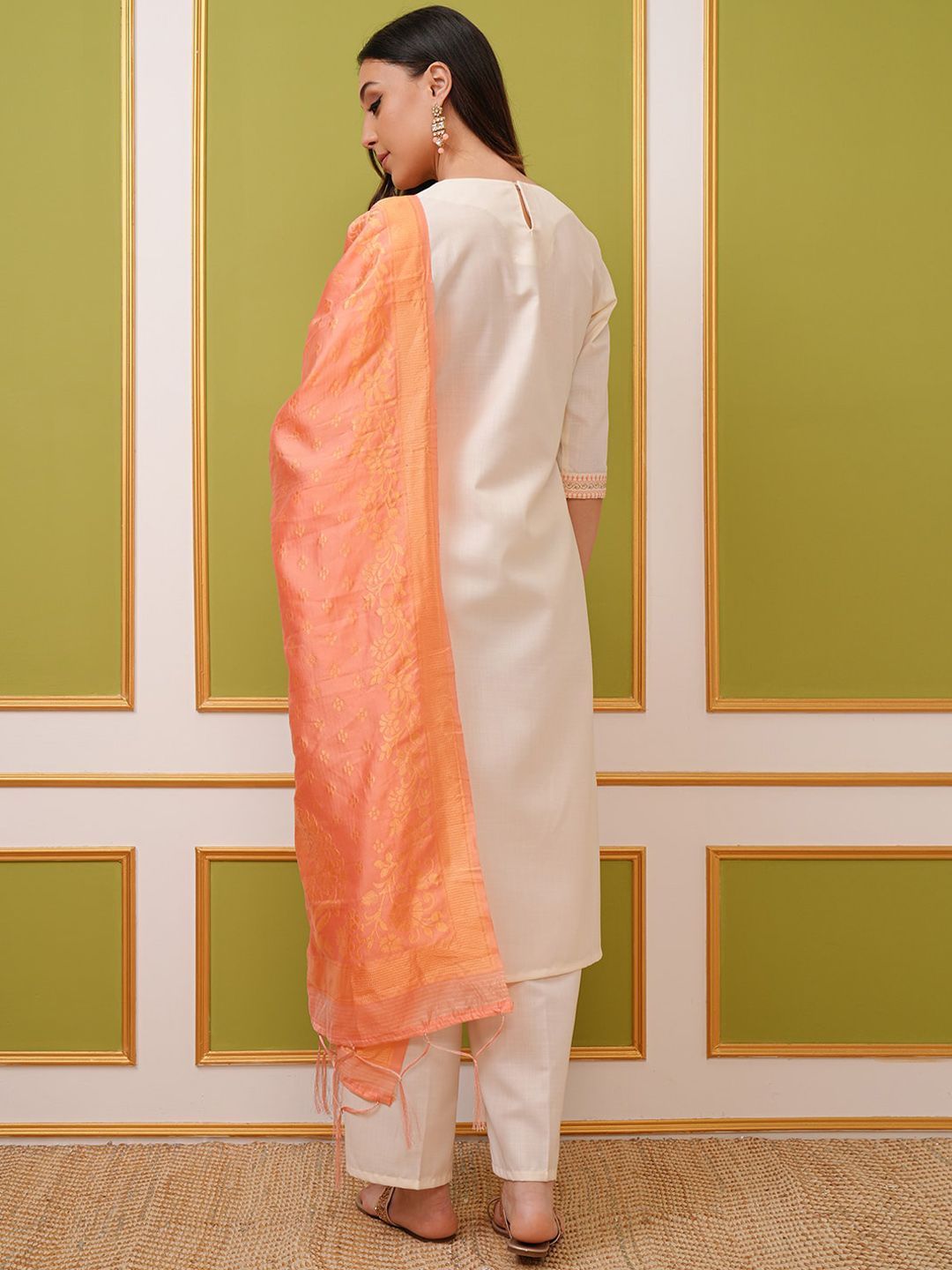 Vishudh Cream Ethnic Motifs Embroidered Regular Kurta With Palazzos & Dupatta