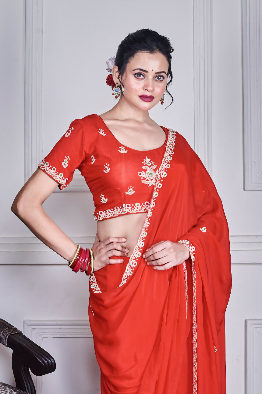 Morchari Red Chiffon Hand Embroidery Saree And Stitched Blouse